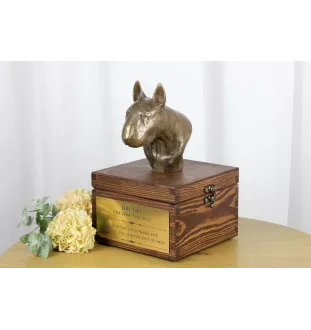 Bull Terrier, Bullterrier - Eine Ascheurne für Hunde mit einer Statuette, eine kleine Urne für Hunde, eine personalisierte Urne mit dem Porträt eines Hundes von der Marke Art-Dog.