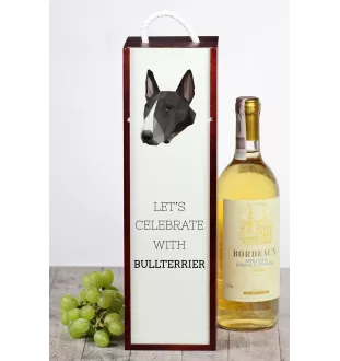 Bull Terrier, Bullterrier - geometrische Box mit einem Bild und Schriftzug für Wein der Marke Art-Dog