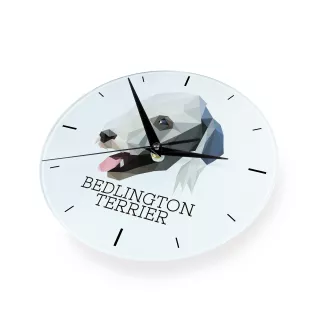 Bedlington Terrier, Rothbury Terrier - geometrische Wanduhr mit Bild und Aufschrift der Marke Art-Dog