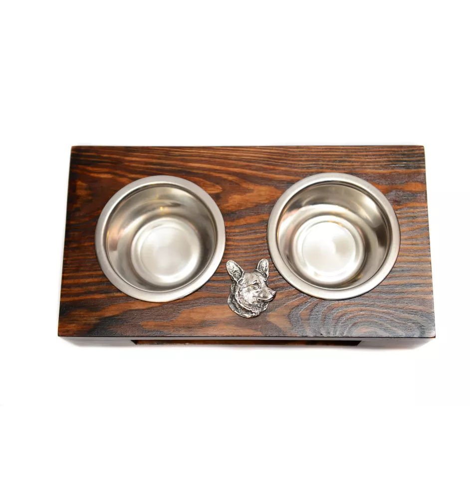 Cardigan Welsh Corgi - wooden stand with bowls for a dog, steel dog bowls, a gift for adopting a dog from the Art-Dog brand