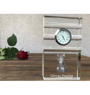 Pinscher allemand - une horloge en verre avec une photo, une photo de chien dans un cristal, une horloge de bureau personnalisée de la marque Art-Dog