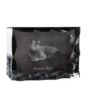 Russian Blue - crystal with a cat picture, glass statuette with a picture, unique frame with a picture from Art-Dog brand