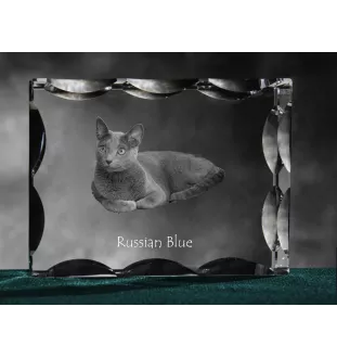 Russian Blue - crystal with a cat picture, glass statuette with a picture, unique frame with a picture from Art-Dog brand